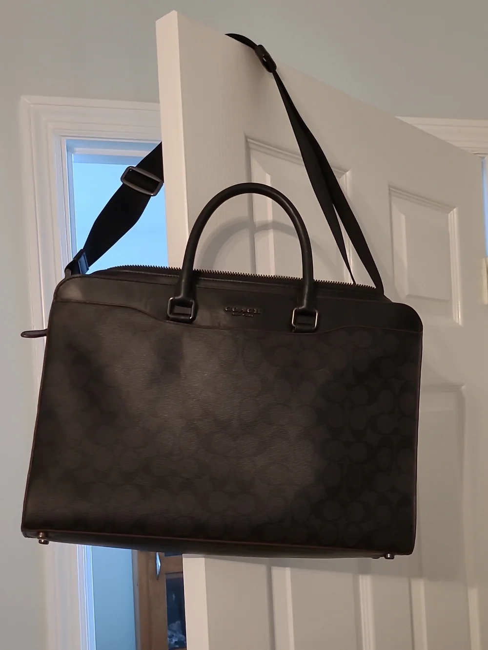 Coach  Black/Brown Signature Laptop Briefcase with Shoulder Strap